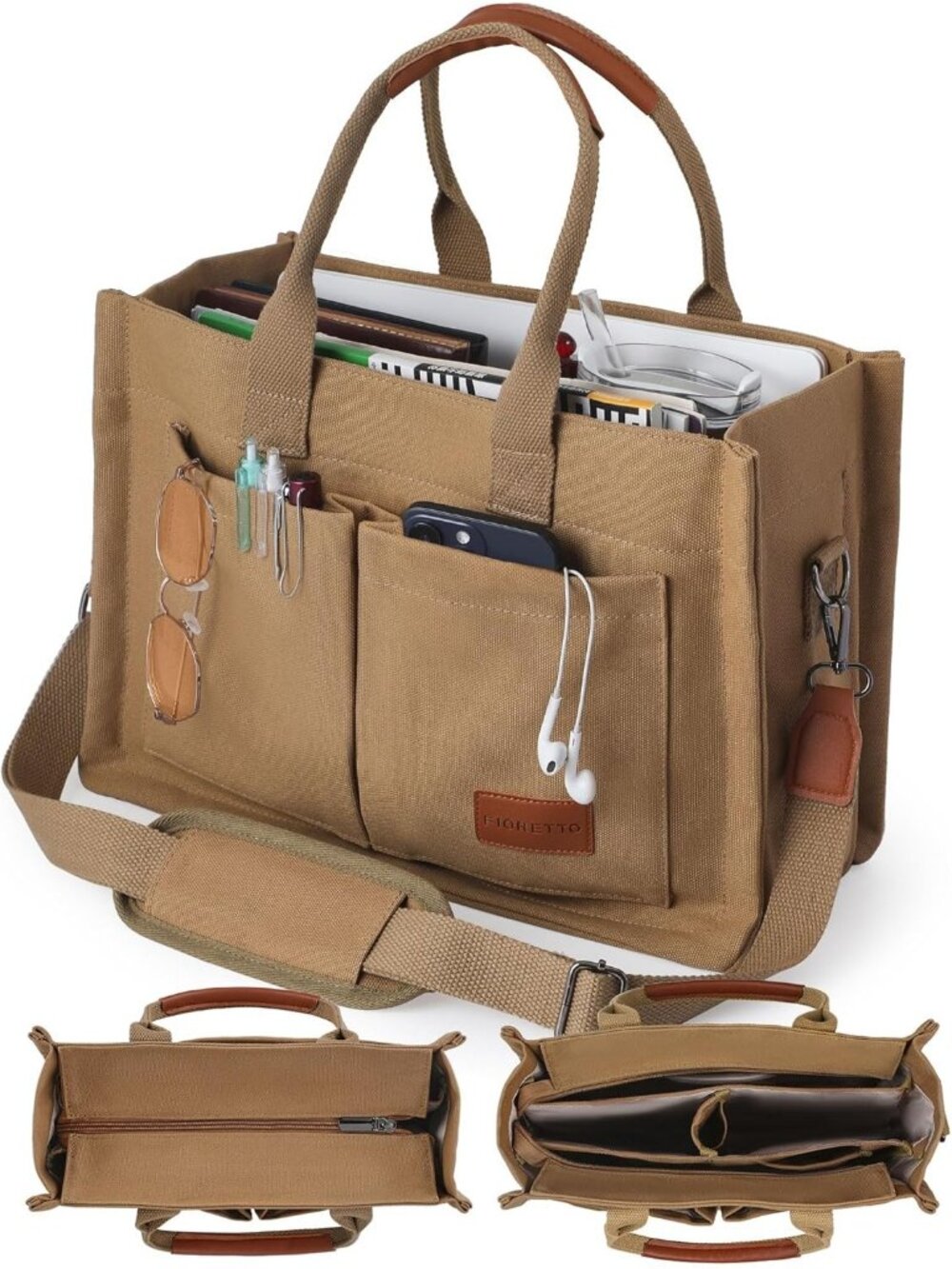 FIORETTO Canvas Women's Brown Tote Bag Zipper Closure & Compartments Pockets Bag